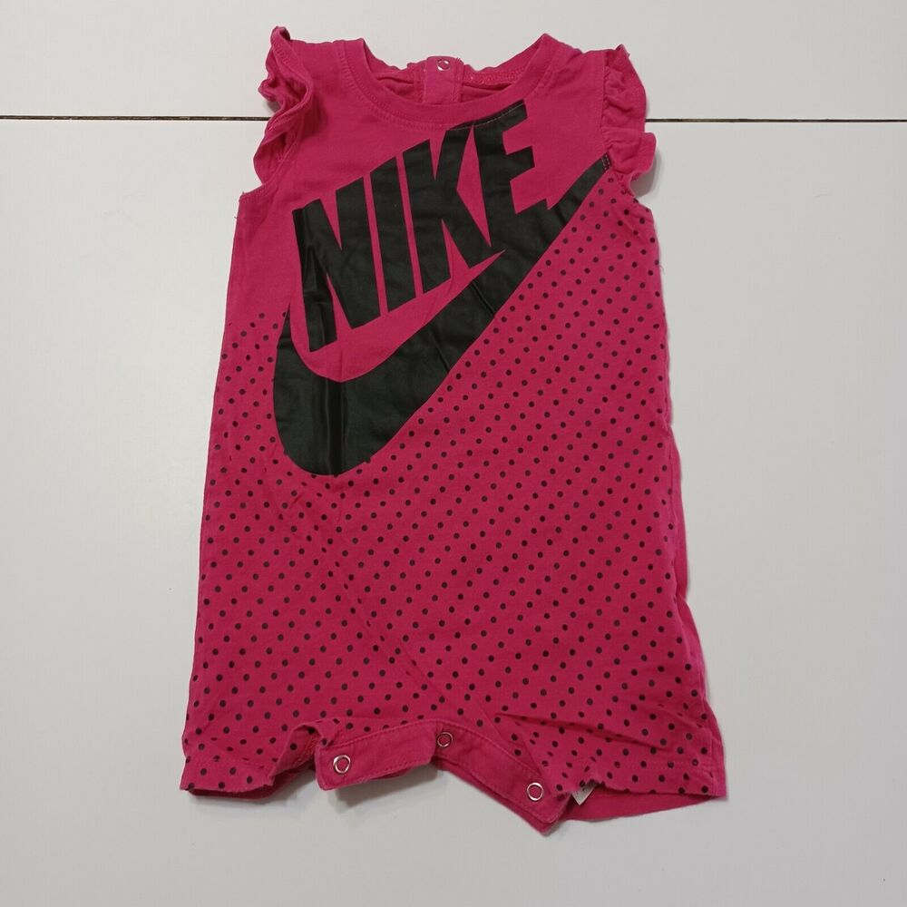Nike Baby Girls 18M Pink Black Polka Dot Spell Out One Piece Short Outfit Logo‎ - Picture 1 of 12